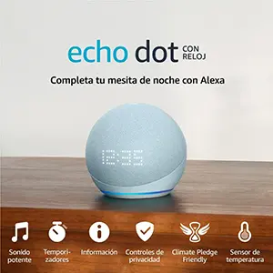 Echo Dot con reloj (5.ª generación, modelo de 2022) | Altavoz inteligente wifi y Bluetooth con Alexa y reloj, con sonido más potente y de mayor amplitud | Completa tu mesita de noche con Alexa